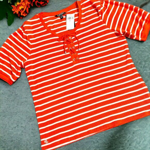 NEW-Ralph Lauren XL Womens Top Waffle-Knit Orange Striped Puff-Sleeve Shirt-$79 - Picture 9 of 11